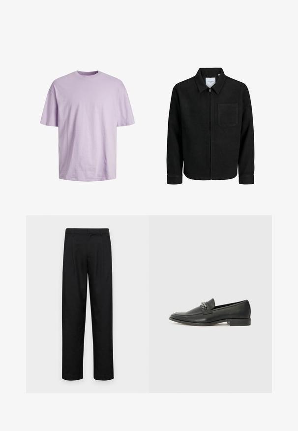 Čierna zipsová bunda s golierom a jednou náprsníkou, vystavená na bielom pozadí.; Jack & Jones JJEBRADLEY TEE SS O-NECK - Základné tričko - purple rose; Čierne nohavice vyrobené z hladkej tkaniny, s rovnými nohavicami, dvoma prednými skladmi a štandardným pásom s pútkami na opasok.; Čierne kožené loafers s hladkým povrchom, s prešitým dizajnom a dekoratívnym kovovým reťazovým akcentom cez priehlavok. Plochý podpätok.