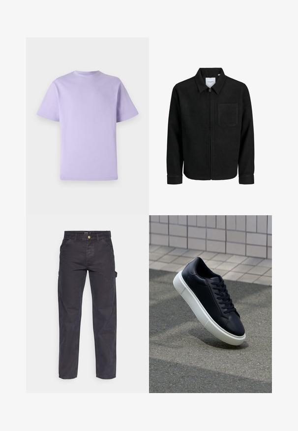 Črna jakna z zadrgo in ovratnikom ter enim žepom na prsih, prikazana na beli podlagi.; Lila bomba majica s kratkimi rokavi, okroglim izrezom in ohlapnim krojem. Gladka tekstura, brez vzorcev ali okraskov.; Temno sivi cargo hlače iz trpežnega materiala, z ravnim krojem nogavic, petimi žepi in gumbom za zapiranje v pasu.; Črne usnjene superge z zaobljenim prstom in belim gumijastim podplat. Imajo ravne vezalke in minimalno šivanje na zgornjem delu. Teksturirani podplat za oprijem.