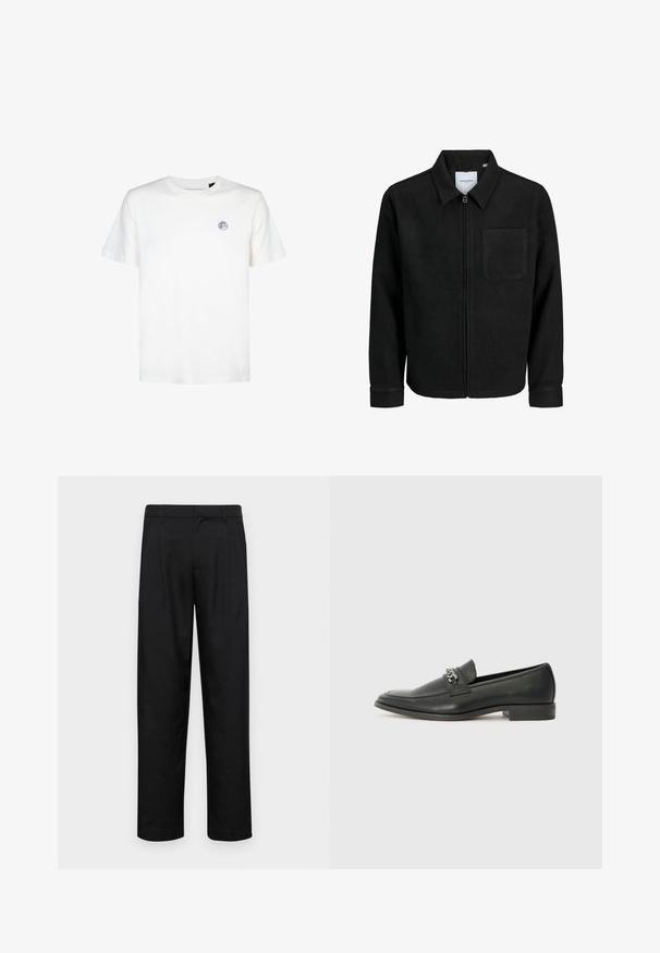 Juodas džemperis su užtrauktuku, apykakle ir vienu krūtiniu kišenėje, pristatytas baltame fone.; Balta medvilninė marškinė su apvaliu kaklu ir trumpomis rankovėmis. Viršutiniame kairiajame krūtinės kampe yra mažas apvalus logotipas.; Juodi kelnių modeliai, pagaminti iš lygios medžiagos, turi tiesią kojas, du priekiniai klostės ir standartinę juosmenį su diržo kilpomis.; Juodos odinės loafer tipo bateliai su lygiu paviršiumi, turintys siuvinėtą dizainą ir dekoratyvų metalo grandinėlės akcentą ant batų viršaus. Plokščias kulnas.