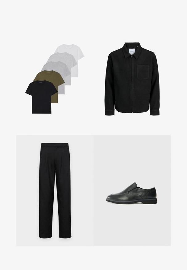 Mustaga lukuga jakker, millel on krae ja üks rinna-tasku, esitatud valgel taustal.; Viis lühikeste varrukatega ümmarguse kaelusega T-särki musta, oliivroheline, heledat halli, tumedat halli ja valget värvi. Valmistatud pehmest kangast ja lõôngitud mugavaks.; Mustad mustadest riietest, millel on sirge jalgade disain, kaks eesmist voltimist ja tavaline vöökoht, millel on vöökohad.; Must musta laia suuga king, millel on sile ülemine osa, õmmeldud detailid, ümmargune nina ja madal kummist konts. Tallal on minimaalne mustr.