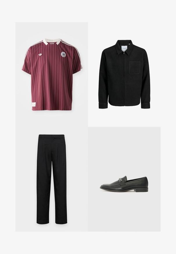 Svart zip-jacka med krage och en enda bröstficka, visad på vit bakgrund.; Burgundy tröja med vertikala vita ränder, korta ärmar, ribbad vit krage, Adidas-logotyp på vänster bröst och emblem på höger bröst.; Svarta byxor i slät väv, med rak ben-design, två framfickor och standardmidja med bälteshällor.; Svart läderloafers med en slät yta, med en sydd design och en dekorativ metallkedjeaccent över västen. Platt häldesign.