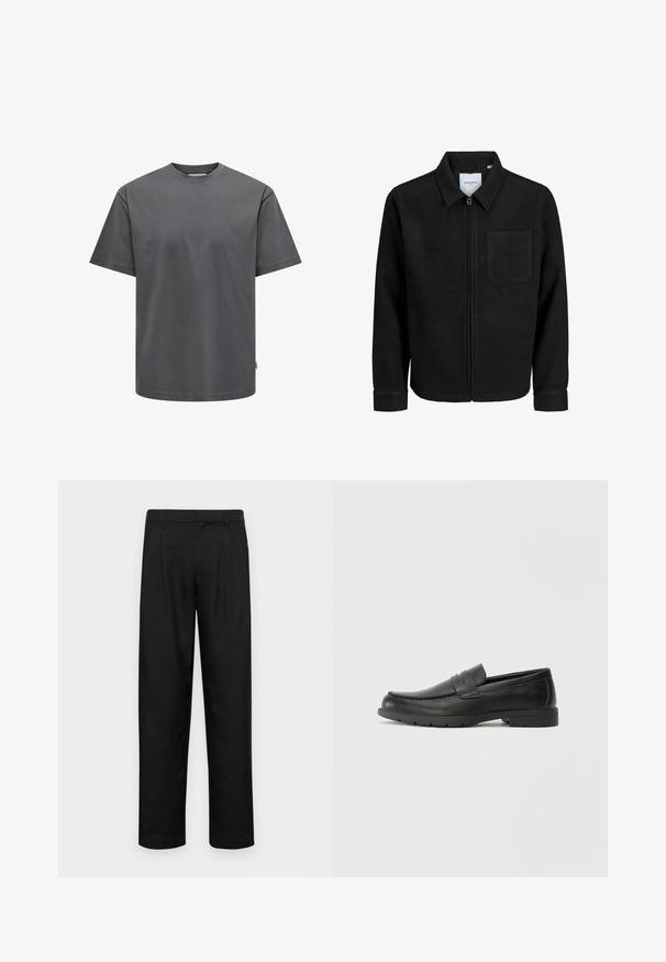 Giacca nera con zip, colletto e una tasca sul petto, mostrata su sfondo bianco.; T-shirt grigia in cotone con scollatura rotonda a girocollo e maniche corte. Presenta una vestibilità regolare e una trama uniforme senza motivi o dettagli visibili.; Pantaloni neri realizzati in tessuto liscio, caratterizzati da un taglio dritto, due pieghe frontali e una vita standard con passanti per la cintura.; Mocassini neri in pelle con una finitura liscia, parte superiore in stile mocassino, dettagli cuciti e suola in gomma. Design classico con tacco basso.