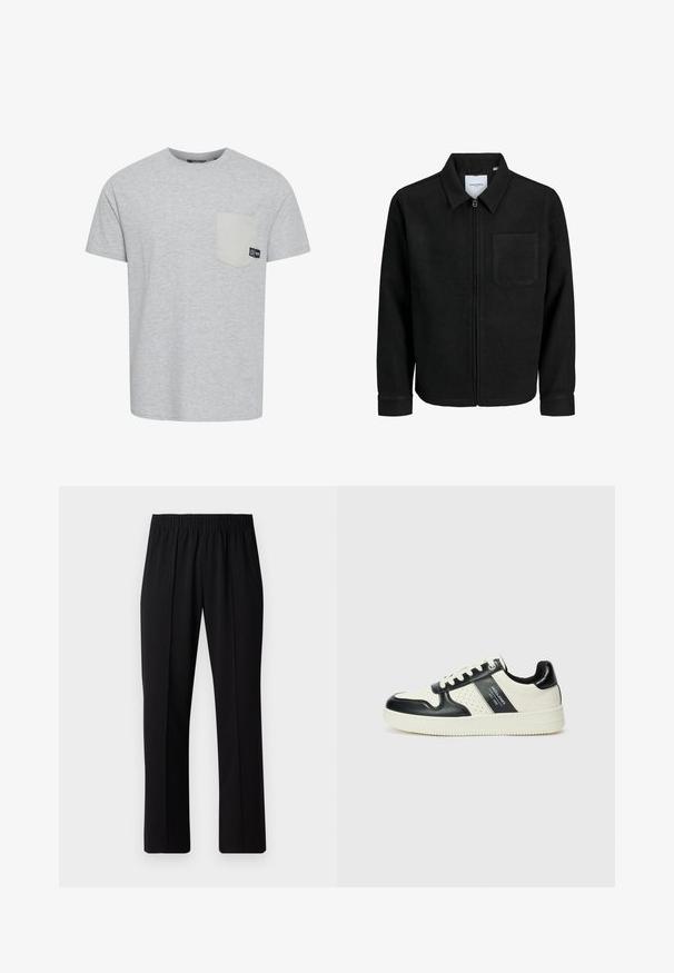 Musta vetoketjullinen takki, jossa on kaulus ja yksi rintatasku, esitelty valkoista taustaa vasten.; Lyhythihainen harmaa t-paita, joka on valmistettu pehmeästä kankaasta. Paidan vasemmalla puolella on vaaleanharmaa tasku, sekä pieni logo-tägipainatus taskun lähellä.; Mustat, joustavat vyötäröhousut suoralla lahkeella, joissa on sileä pinta ilman näkyviä kuvioita tai metalliosia.; Nahkakengät musta-kerma värimaailmassa, joissa on rei'itetyt yksityiskohdat, pehmustettu nilkkaosa ja teksturoitu pohja.