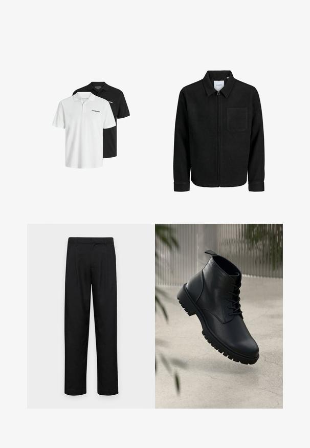 Jachetă neagră cu fermoar, cu guler și un singur buzunar pe piept, expusă pe fundal alb.; Două cămăși polo cu mânecă scurtă, în negru și alb, fabricate din bumbac cu un finiș texturat subtil; prezintă un guler și un accent cu logo.; Pantaloni negri dintr-un material neted, cu un design drept, două pliuri frontale și un tiv standard cu bucle pentru curea.; Botine din piele neagră până la gleznă, cu vârf rotund, design cu şireturi şi talpă din cauciuc robustă. Textură netedă cu o bandă de prindere în spate.