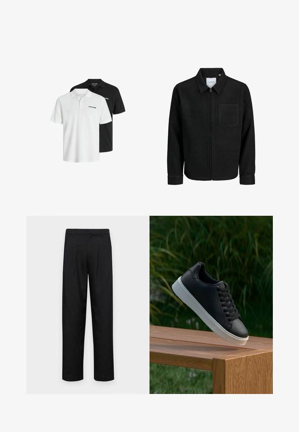 Musta vetoketjullinen takki, jossa on kaulus ja yksi rintatasku, esitelty valkoista taustaa vasten.; Kaksi lyhythihaista polo-paitaa mustana ja valkoisena, valmistettu puuvillasta, jossa on hienovarainen tekstuuri; sisältää kauluksen ja logon korostuksen.; Mustat housut, jotka on valmistettu sileästä kankaasta, suoran lahkeen muotoilulla, kahdella etupleekillä ja tavanomaisella vyötäröllä, jossa on vyölenkit.; Musta nahkakengät, joissa on sileä pinta, valkoinen kumipohja ja kuusi aukkoa nauhoille, esillä puupinnalla.