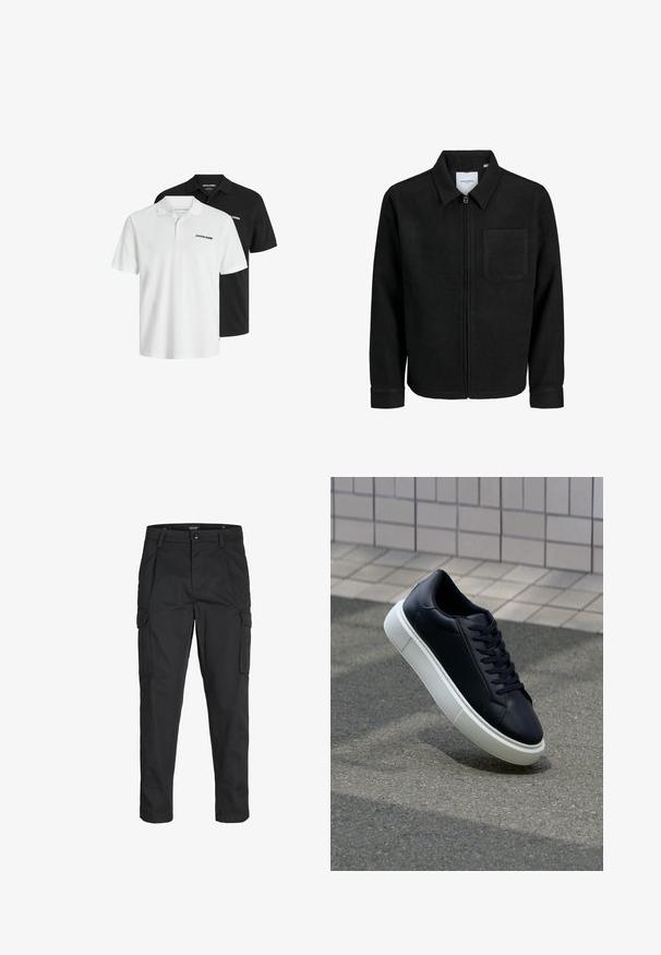 Musta vetoketjullinen takki, jossa on kaulus ja yksi rintatasku, esitelty valkoista taustaa vasten.; Kaksi lyhythihaista polo-paitaa mustana ja valkoisena, valmistettu puuvillasta, jossa on hienovarainen tekstuuri; sisältää kauluksen ja logon korostuksen.; Mustat cargo-housut, jotka on valmistettu kestävästä kankaasta. Housuissa on useita taskuja, nappisulku ja kapea istuvuus, jossa on kapenevat lahkeet.; Mustat nahkakengät, joissa on pyöristetty kärki ja valkoinen kumipohja. Varusteena litteät nauhat ja minimaalinen ommel ylhäällä. Teksturoitu pohja pitävyyden lisäämiseksi.