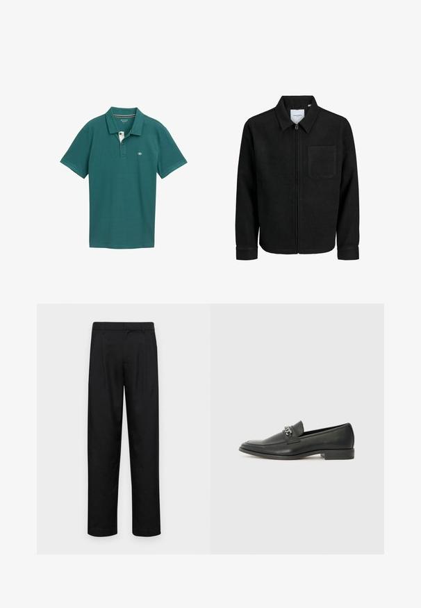 Schwarze Zip-Jacke mit Kragen und einer einzelnen Brusttasche, auf weißem Hintergrund präsentiert.; Türkise Polohemden aus atmungsaktivem Material, mit einem Drei-Knopf-Verschluss, kurzen Ärmeln und einem dezenten Logo auf der Brust.; Schwarze Hose aus glattem Stoff, mit geradem Bein Design, zwei vorderen Falten und einem Standardbund mit Gürtelschlaufen.; Schwarzer Lederloafer mit glatter Oberfläche, ausgestattet mit einer gesteppten Gestaltung und einem dekorativen Metallkettendetail über dem Vorderblatt. Flacher Absatz.