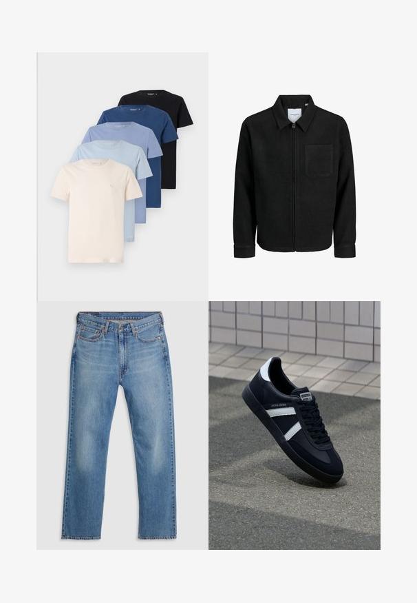 Black zip-up jacket with collar and single chest pocket, displayed on white background.; Collection of five crew-neck t-shirts in shades of cream, light blue, dark blue, and black, made of soft cotton, featuring simple design.; Blue straight-leg denim jeans with front button and zipper closure, belt loops, and five-pocket design on a white background.; Black leather sneaker with white stripes, textured rubber sole, and lace-up front. Features a branded label on the tongue.