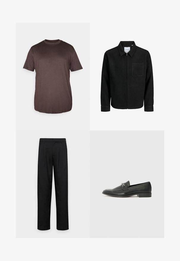 Zwarte zip-up jas met kraag en enkele borstzak, weergegeven op een witte achtergrond.; Jack & Jones JJEBRADLEY NOOS - T-shirt basic - mulch; Zwarte broeken van gladde stof, met een recht model, twee voorknikken en een standaard tailleband met riemlussen.; Zwarte leren instapper met een gladde afwerking, voorzien van een gestikt ontwerp en een decoratieve metalen kettingaccent over de wreef. Platte hak.