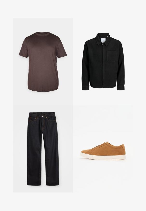 Sort lynlåsjakke med krave og en enkelt brystlomme, vist på hvid baggrund.; Jack & Jones JJEBRADLEY NOOS - T-shirts basic - mulch; Mænds lige ben sorte denim jeans med fem lommer og orange syninger, knap- og lynlåslukning foran på taljen.; Brune ruskind sneakers med et lavt design, hvid gummisål og rund tå. Har matchende snørebånd og minimal branding på hælen.