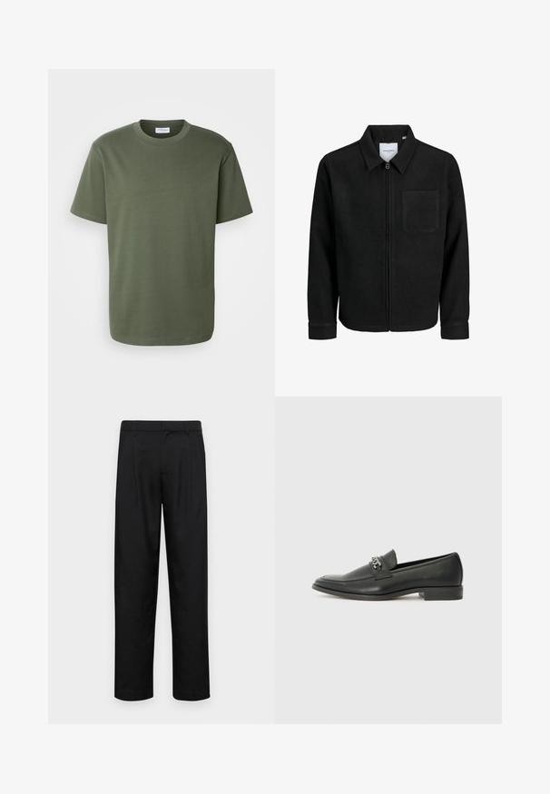 Melna jaka ar rāvējslēdzēju un apkakli, vienu krūšu kabatu, parādīta uz baltas fona.; Lindbergh O NECK TEE OVERSIZE - Pamata T-krekls - olive; Melnas bikses, izgatavotas no gludas auduma, ar taisnu kāju dizainu, divām priekšējām krokām un standarta jostu, kurai ir āķi.; Melna ādas loafer izmēra apavi ar gludu virsmu, piedāvā ar šūtu dizainu un dekoratīvu metāla ķēdes akcentu pār vampu. Plakana papēža daļa.