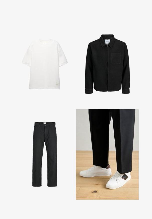 Čierna zipsová bunda s golierom a jednou náprsníkou, vystavená na bielom pozadí.; PULL&BEAR SHORT SLEEVE - PLUSH - Základné tričko - white; Čierne nohavice vyrobené z odolného materiálu, s rovnými nohavicami, prešitými detailmi a dvoma prednými vreckami pre väčšiu funkčnosť.; Biele tenisky s hladkým povrchom, s hnedými koženými akcentmi a čiernymi detailmi, spárované s čiernymi elegantnými nohavicami. Pozadím je drevená podlaha.