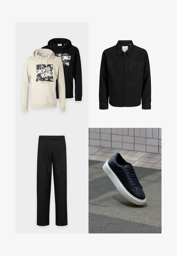 Jachetă neagră cu fermoar, cu guler și un singur buzunar pe piept, expusă pe fundal alb.; Două hanorace: unul gri deschis cu un grafic floral și text, iar celălalt este negru uni. Ambele au buzunare tip kangaroo și glugă cu șnur.; Pantaloni negri dintr-un material neted, cu un design drept, două pliuri frontale și un tiv standard cu bucle pentru curea.; Tenis cu piele neagră, cu vârful rotund și talpă din cauciuc alb. Are șireturi plate și cusături minime pe suprafață. Tălpile texturate oferă aderență.