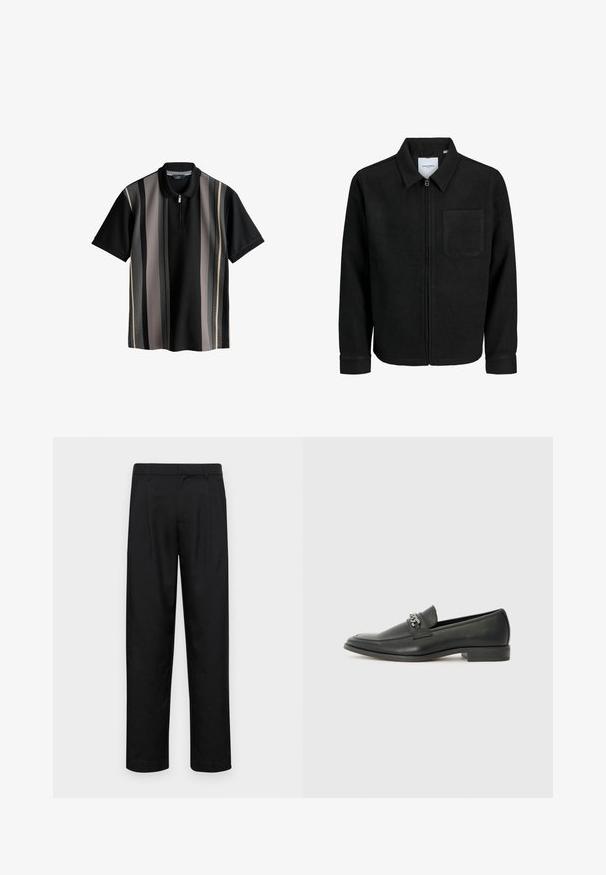 Giacca nera con zip, colletto e una tasca sul petto, mostrata su sfondo bianco.; Polo nero con righe verticali in grigio, crema e grigio scuro. Presenta un colletto con zip e un tessuto testurizzato. Maniche corte.; Pantaloni neri realizzati in tessuto liscio, caratterizzati da un taglio dritto, due pieghe frontali e una vita standard con passanti per la cintura.; Mocassino in pelle nera con finitura liscia, caratterizzato da un design cucito e da un accento decorativo in catena metallica sul vamp. Tacco piatto.