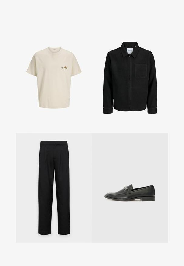Črna jakna z zadrgo in ovratnikom ter enim žepom na prsih, prikazana na beli podlagi.; Svetlo bež bombažna majica s kratkimi rokavi, okroglo izrezom in natisnjenim logotipom z napisom "ORIGINALS ESTABLISHED IN 1900" na prsih.; Črne hlače iz gladkega materiala, s krojem ravne noge, dvema sprednjima pregiboma in standardnim pasom z zankami za pas.; Črni usnjeni loafer z gladko površino, ki ima šivano zasnovo in dekorativni kovinski verižni naglas preko vampirja. Ravno peto.