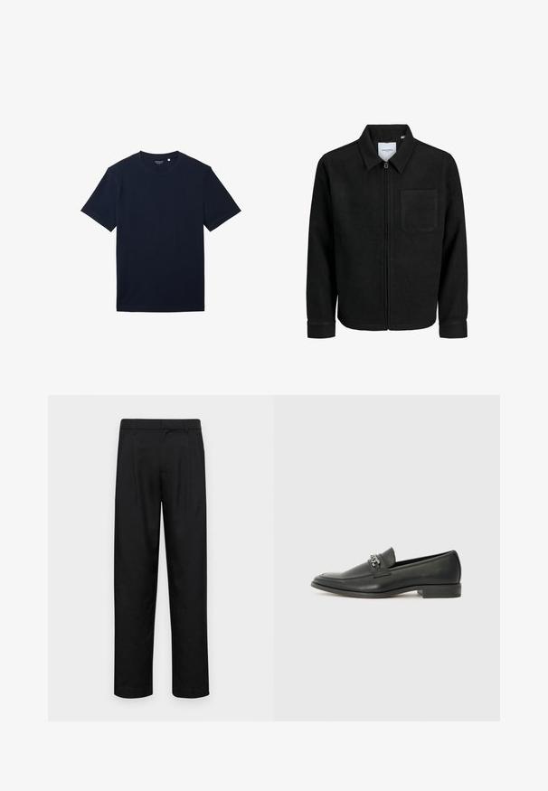 Zwarte zip-up jas met kraag en enkele borstzak, weergegeven op een witte achtergrond.; Marineblauwe katoenen T-shirt met korte mouwen, klassieke ronde hals en een soepele textuur. Eenvoudig ontwerp, geen patronen of zichtbare accenten.; Zwarte broeken van gladde stof, met een recht model, twee voorknikken en een standaard tailleband met riemlussen.; Zwarte leren instapper met een gladde afwerking, voorzien van een gestikt ontwerp en een decoratieve metalen kettingaccent over de wreef. Platte hak.