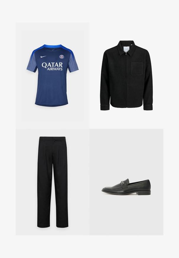 Mustaga lukuga jakker, millel on krae ja üks rinna-tasku, esitatud valgel taustal.; Sinine Nike jalgpallipaita, millel on lühikesed varrukad, ümmargune kaelus ja ees "Qatar Airways" logo. Tekstuuriga kangas vastanduvate detailidega.; Mustad mustadest riietest, millel on sirge jalgade disain, kaks eesmist voltimist ja tavaline vöökoht, millel on vöökohad.; Must haveate nahkking punased, millel on sile viimistlus, tikitud muster ja dekoratiivne metallkett vampi üle. Tasane konts.