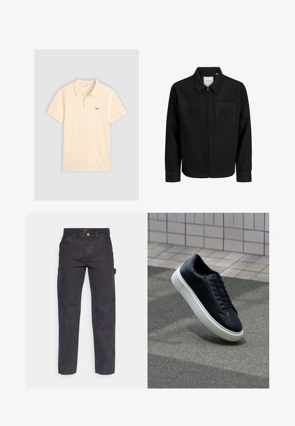 Schwarze Zip-Jacke mit Kragen und einer einzelnen Brusttasche, auf weißem Hintergrund präsentiert.; Poloshirt in hellem Creme, aus weichem Baumwollstoff, mit klassischem Kragen, kurzen Ärmeln und einem kleinen roten Levi's-Logo auf der linken Brust.; Dunkelgraue Cargo-Hosen aus strapazierfähigem Stoff, mit geradem Bein, fünf Taschen und einem Knopfverschluss an der Taille.; Schwarze Leder-Sneaker mit runder Zehenpartie und weißer Gummisohle. Verfügt über flache Schnürsenkel und minimale Nähte im Obermaterial. Strukturiertes Sohlenprofil für besseren Halt.