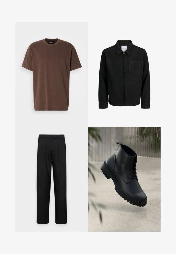 Giacca nera con zip, colletto e una tasca sul petto, mostrata su sfondo bianco.; Maglietta a maniche corte marrone con scollo rotondo e un piccolo logo vicino all'orlo, etichetta del marchio all'interno del colletto, esposta su sfondo bianco.; Pantaloni neri realizzati in tessuto liscio, caratterizzati da un taglio dritto, due pieghe frontali e una vita standard con passanti per la cintura.; Stivali alla caviglia in pelle nera con punta arrotondata, design con lacci e suola in gomma robusta. Texture liscia con una linguetta sul retro.