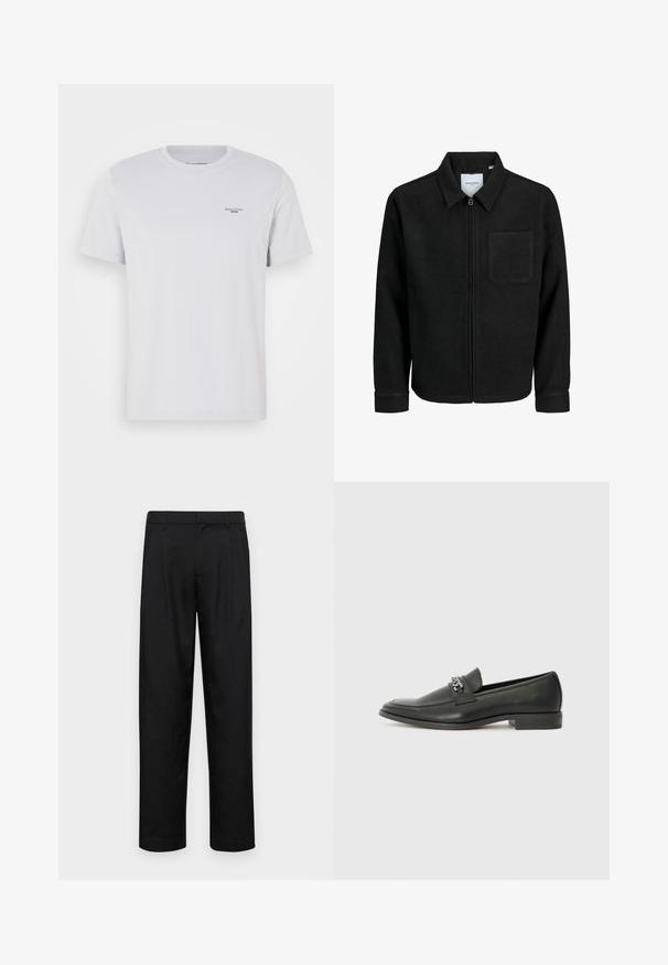 Sort lynlåsjakke med krave og en enkelt brystlomme, vist på hvid baggrund.; Hvid bomulds T-shirt med rund hals, korte ærmer og et lille sort logo på venstre bryst. Glat tekstur og standard pasform.; Sorte bukser lavet af glat stof, med et lige ben-design, to frontfolder og en standard talje med bæltestropper.; Sorte læder loafers med en glat finish, der har et syet design og et dekorativt metal kædeaccent hen over vamps. Flad hæl.