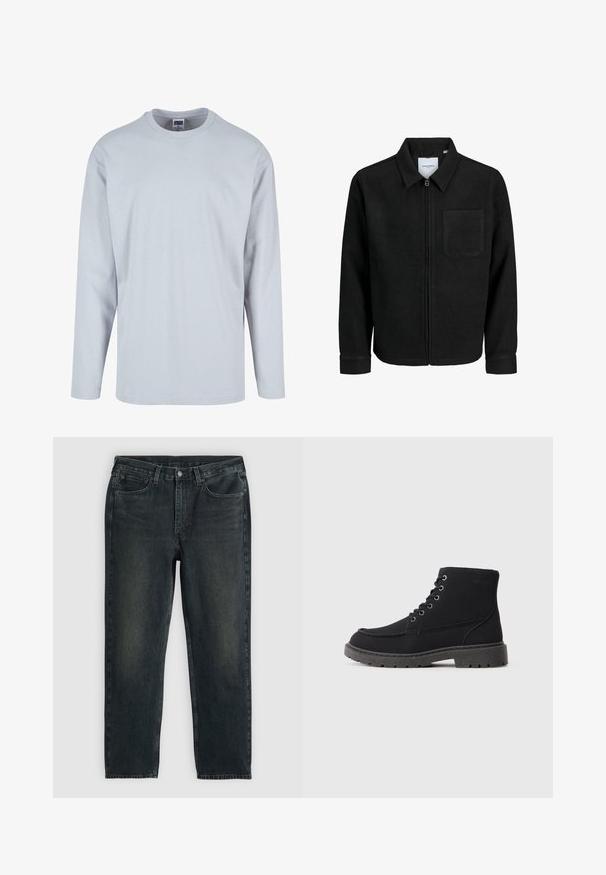 Juodas džemperis su užtrauktuku, apykakle ir vienu krūtiniu kišenėje, pristatytas baltame fone.; Šviesiai pilkas ilgomis rankovėmis marškinėliai, pagaminti iš minkštos medvilnės, su apvaliu kaklu ir laisvu įsiliejimu, minimalistinio dizaino, be matomų raštų.; Tamsiai mėlynos džinsinės kelnės su tiesiu kirpimu, turinčios penkias kišenes, užtrauktuką ir kontrastingas siūles. Audinys šiek tiek nublukęs.; Juodi kulkšniai pagaminti iš tekstūruoto paviršiaus, su plokščiu padu, apvalia nosimi ir šešiomis akių raištėmis. Sustiprintas siuvimas aplink kraštą.
