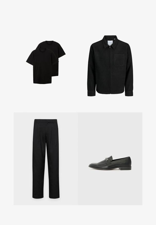Musta vetoketjullinen takki, jossa on kaulus ja yksi rintatasku, esitelty valkoista taustaa vasten.; Mustat puuvillapaidat, pyöreä pääntie, lyhyet hihat, rento malli, pienellä logolla vasemmassa alareunassa, myydään kahden setissä.; Mustat housut, jotka on valmistettu sileästä kankaasta, suoran lahkeen muotoilulla, kahdella etupleekillä ja tavanomaisella vyötäröllä, jossa on vyölenkit.; Musta nahkakengät, joissa on sileä pinta, koristeelliset ompeleet ja metalliketjun yksityiskohta kengän päällä. Littee korko.