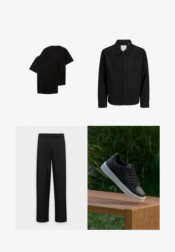 Melna jaka ar rāvējslēdzēju un apkakli, vienu krūšu kabatu, parādīta uz baltas fona.; Melni kokvilnas T-krekli, ar apaļu kakla, īsām piedurknēm, brīvā piegriezumā, ar nelielu logo apakšējā kreisajā pusē, pārdod divos komplektos.; Melnas bikses, izgatavotas no gludas auduma, ar taisnu kāju dizainu, divām priekšējām krokām un standarta jostu, kurai ir āķi.; Melnās ādas sporta apavi ar gludu tekstūru, baltu gumijas zoli un sešiem caurumiem šņorešanai, novietoti uz koka virsmas.