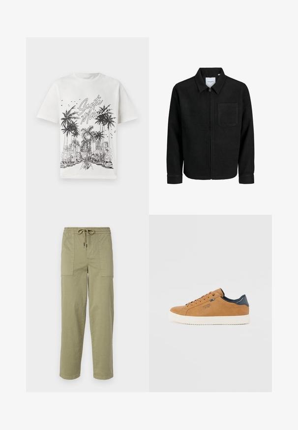 Čierna zipsová bunda s golierom a jednou náprsníkou, vystavená na bielom pozadí.; Biela bavlnená tričko s čiernym grafickým potlačou paliem a mestským horizontom s názvom "Santa Monica." Krátke rukávy, okrúhly výstrih.; Svetlo olivové nohavice vyrobené z zmesi bavlny, s elastickým pásom na šnúrku a dvoma veľkými bočnými vreckami.; Hnedé kožené tenisky s bielou gumovou podrážkou, s okrúhlymi šnúrkami, modrým akcentom a hladkou textúrou. Jednoduchý, nízkoprofilový dizajn.