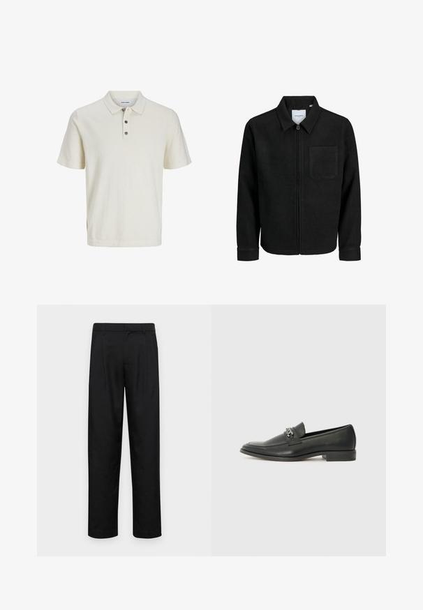 Giacca nera con zip, colletto e una tasca sul petto, mostrata su sfondo bianco.; Polo a maniche corte bianco, realizzato in un morbido tessuto testurizzato, caratterizzato da un colletto e tre bottoni scuri sulla patta.; Pantaloni neri realizzati in tessuto liscio, caratterizzati da un taglio dritto, due pieghe frontali e una vita standard con passanti per la cintura.; Mocassino in pelle nera con finitura liscia, caratterizzato da un design cucito e da un accento decorativo in catena metallica sul vamp. Tacco piatto.