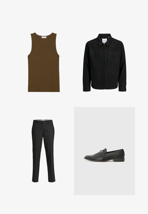 Melna jaka ar rāvējslēdzēju un apkakli, vienu krūšu kabatu, parādīta uz baltas fona.; Ribota tanku blūze tumši olīvu zaļā krāsā, ar apaļu apkakli un bez piedurknēm, ar apdarinātām malām un mīkstu tekstūru.; Melni bikses, pielāgota piegriezuma, gluda auduma, vidēji augsta josta, priekšējā pogu aizdare, diagonalās kabatas un gurnu daļā ir krokas.; Melna ādas loafer izmēra apavi ar gludu virsmu, piedāvā ar šūtu dizainu un dekoratīvu metāla ķēdes akcentu pār vampu. Plakana papēža daļa.