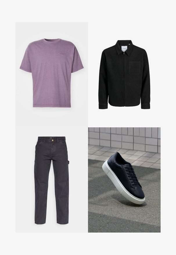 Black zip-up jacket with collar and single chest pocket, displayed on white background.; Purple cotton t-shirt with short sleeves, round neckline, and minimal Levis logo in tonal embroidery on the chest. Soft texture.; Dark gray cargo pants made of durable fabric, featuring a straight-leg cut, five pockets, and a button closure at the waist.; Black leather sneaker with rounded toe and white rubber sole. Features flat laces and minimal stitching on the upper. Textured sole for grip.