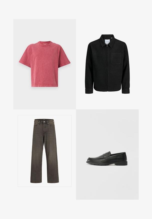 Fekete, zipzáros dzseki gallérral és egyetlen mellzsebbel, fehér háttéren.; Piros pamut póló kerek nyakkivágással, rövid ujjakkal és laza szabással. Lágy, enyhén texturált felülettel rendelkezik.; Széles lábú farmernadrág sötétszürke denimből, magas derékkal, klasszikus öt zsebes kialakítással és kontrasztos varrással az illesztések mentén.; Fekete bőr mokaszinok sima felülettel, a mokaszin stílusú felsőrésszel, varrott részletezéssel és gumitalppal. Klasszikus dizájn alacsony sarokkal.