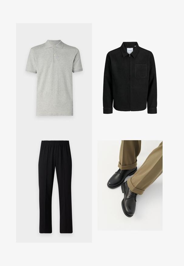 Sort lynlåsjakke med krave og en enkelt brystlomme, vist på hvid baggrund.; GAP Poloshirts - heather grey; Sorte bukser med elastisk talje og lige ben, der har en glat tekstur og ingen synlige mønstre eller hardware.; Sorte læder dress sko med en glat finish, med snørebånd og rund tå, parret med opsmøgede khaki bukser.