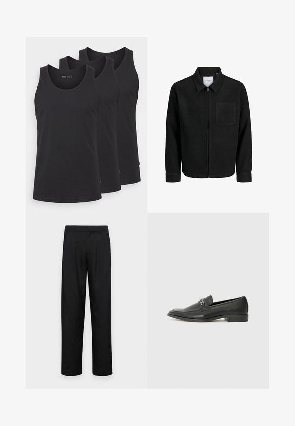 Jachetă neagră cu fermoar, cu guler și un singur buzunar pe piept, expusă pe fundal alb.; Tricouri fără mâneci din bumbac negru, într-un set de trei. Prezintă un decolteu rotund, un design fără mâneci și un tiv drept. Textură netedă, branding minim.; Pantaloni negri dintr-un material neted, cu un design drept, două pliuri frontale și un tiv standard cu bucle pentru curea.; Pantofii negri din piele cu un finisaj neted, având un design cusut și un accent decorativ de lanț metalic peste partea de sus. Toc plat.