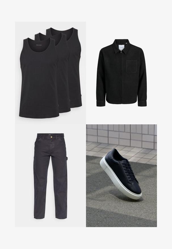 Zwarte zip-up jas met kraag en enkele borstzak, weergegeven op een witte achtergrond.; Zwarte katoen tanktops in een set van drie. Voorzien van een ronde halslijn, mouwloos ontwerp en een rechte zoom. Glad textuur, minimale branding.; Donkergrijze cargobroek van duurzaam materiaal, met een rechte pijp, vijf zakken en een knoopsluiting in de taille.; Zwarte leren sneaker met een ronde neus en een witte rubberen zool. Voorzien van platte veters en minimale stiksels op het bovenwerk. Textuurrijke zool voor grip.