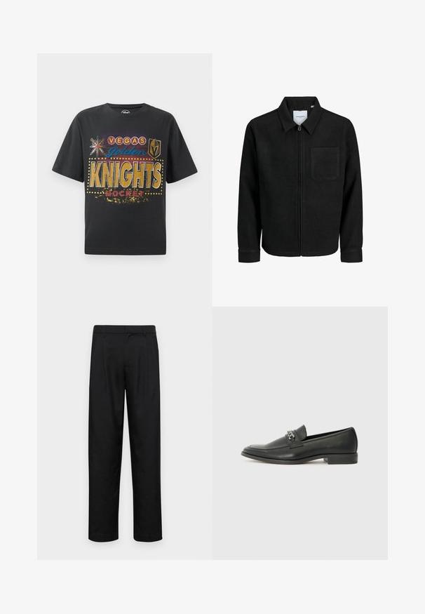 Fekete, zipzáros dzseki gallérral és egyetlen mellzsebbel, fehér háttéren.; Fekete pamut póló, arany, kék és piros színű "Vegas Golden Knights Hockey" felirattal, csillag és pajzs ikonokkal, valamint pöttyös díszítéssel.; Fekete nadrág sima anyagból, egyenes szárú fazonnal, két elülső redővel és közönséges derékkal, övhurkokkal.; Fekete bőr loaferek sima felülettel, varrott mintával és díszítő fém lánccal a cipő elején. Lapos sarok.