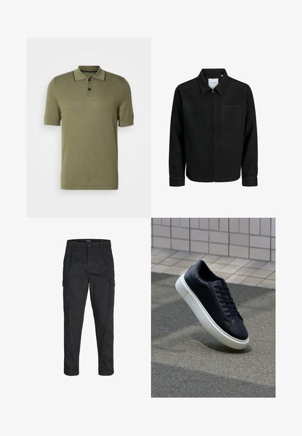 Juodas džemperis su užtrauktuku, apykakle ir vienu krūtiniu kišenėje, pristatytas baltame fone.; Alyvmedžio žalios spalvos trumpomis rankovėmis polo marškiniai su dviem juodais mygtukais ir juodu apvadu aplink apykaklę.; Juodi krovinių tipo džinsai, pagaminti iš tvirto audinio, su keliais kišeniais, mygtuko uždarymu ir siauru, prigludusiu dizainu su siaurėjančiomis kojomis.; Juodas odinis sportbačius su apvaliu pirštu ir baltu gumuotu padu. Turi plokščias raišteles ir minimalų siuvimą viršuje. Padangos tekstūra užtikrina sukibimą.