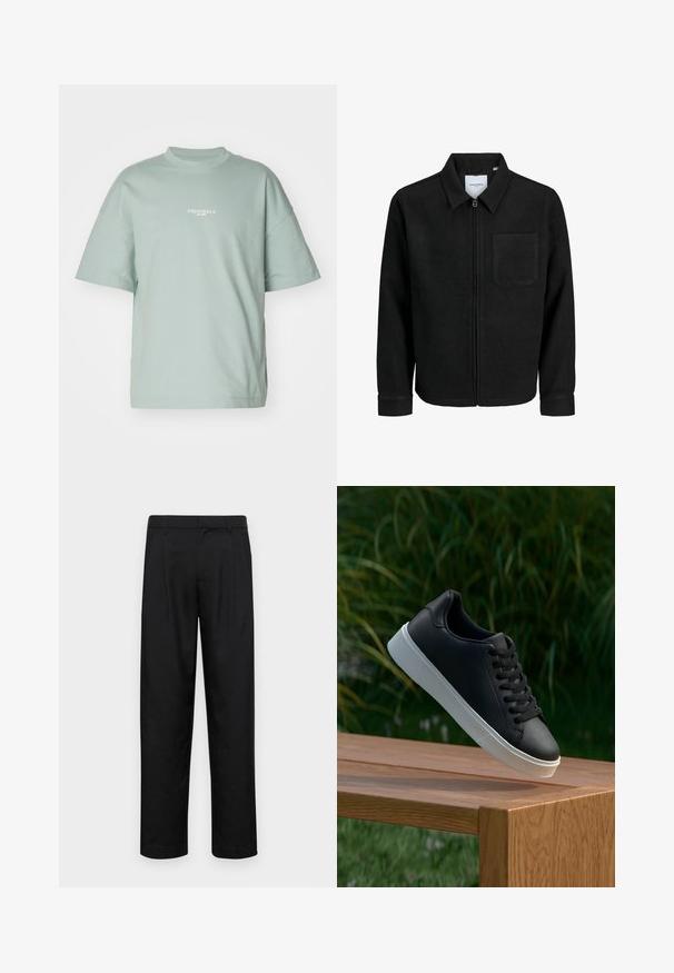 Juodas džemperis su užtrauktuku, apykakle ir vienu krūtiniu kišenėje, pristatytas baltame fone.; Šviesiai žalia, per didelis t-palaidinė, pagaminta iš minkšto medvilnės, su trumpomis rankovėmis ir apvaliu iškirpimu, ant kurio spausdinta "ORIGINALS est. 1990" balta spalva.; Juodi kelnių modeliai, pagaminti iš lygios medžiagos, turi tiesią kojas, du priekiniai klostės ir standartinę juosmenį su diržo kilpomis.; Juodas odinis sportbačių modelis su lygiu paviršiumi, baltu guminio pado ir šešiomis skylutėmis raišteliams, eksponuojamas ant medinės paviršiaus.