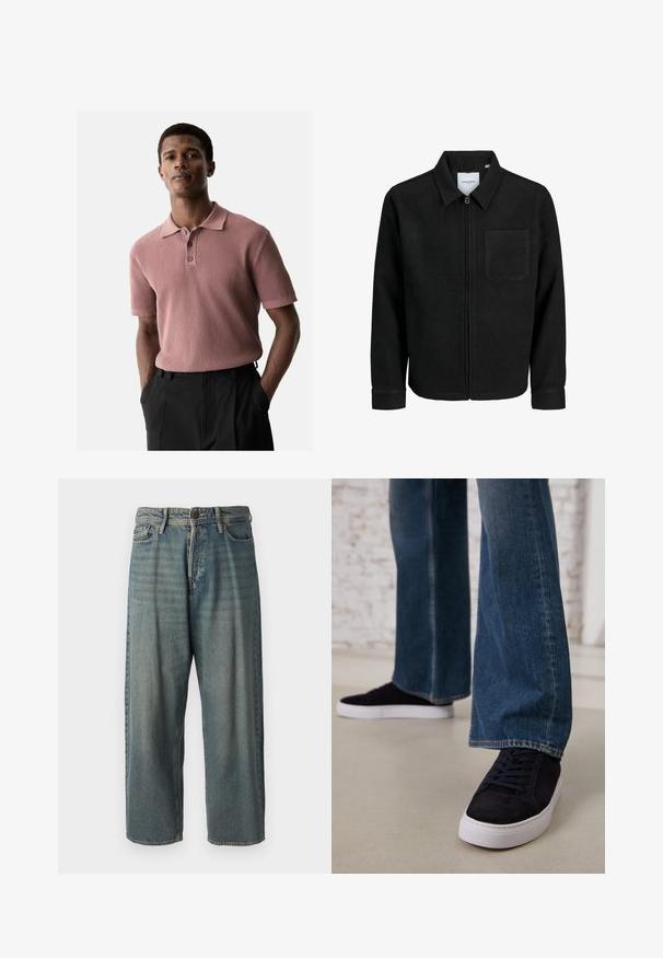 Sort lynlåsjakke med krave og en enkelt brystlomme, vist på hvid baggrund.; Ribbet, kortærmet polo shirt i støvet rosa med krave og tre-knaps lukning. Båret med mørke bukser, hænderne i lommerne.; Lyseblå denim jeans med løs pasform, mellemhøj talje og lige ben. Har fem lommer, bæltestropper og en knappelukning.; Mørkeblå sneakers i ruskind med en hvid gummisål og snørebånd, parret med denimjeans med brede ben i en mellemblå vask.