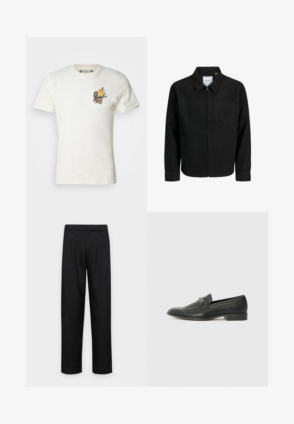 Mustaga lukuga jakker, millel on krae ja üks rinna-tasku, esitatud valgel taustal.; Lühikeste varrukatega valge puuvillane T-särk, mille vasakus rinnapiirkonnas on värvikas graafika, mis kujutab leeki, skulli, mutrit ja roosi.; Mustad mustadest riietest, millel on sirge jalgade disain, kaks eesmist voltimist ja tavaline vöökoht, millel on vöökohad.; Must haveate nahkking punased, millel on sile viimistlus, tikitud muster ja dekoratiivne metallkett vampi üle. Tasane konts.