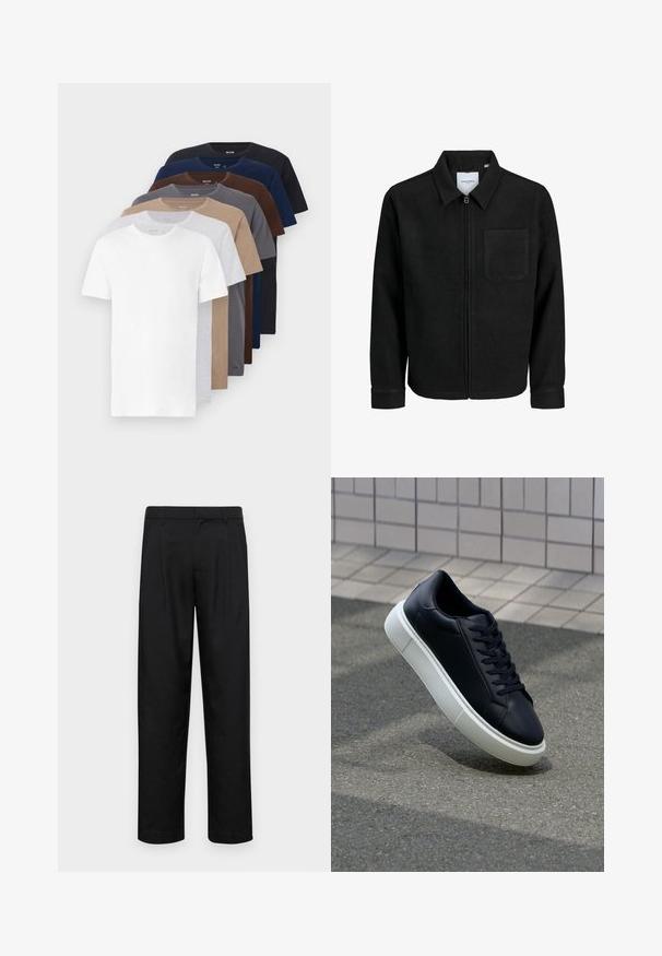Czarna kurtka z zamkiem na całej długości, z kołnierzem i jedną kieszenią na piersi, umieszczona na białym tle.; Osiem koszulek bawełnianych z krótkimi rękawami w różnych kolorach: biały, szary, beżowy, brązowy, granatowy i czarny; klasyczny okrągły dekolt i miękka tekstura.; Czarne spodnie wykonane z gładkiego materiału, z prostą nogawką, dwoma fałdami z przodu oraz standardowym paskiem z wypustkami na pasek.; Czarne skórzane sneakersy z okrągłym noskiem i białą gumową podeszwą. Posiadają płaskie sznurowadła i minimalne przeszycia na cholewce. Teksturowana podeszwa zapewnia przyczepność.