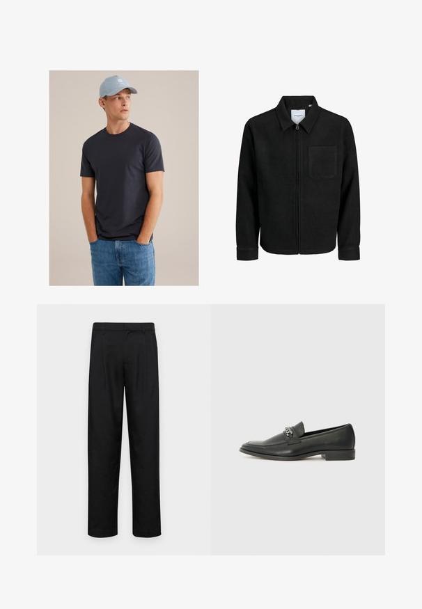 Melna jaka ar rāvējslēdzēju un apkakli, vienu krūšu kabatu, parādīta uz baltas fona.; Jauns vīrietis, tērpies gaiši zilā cepurē ar saules simbolu, tumši zilā T-kreklā un zilās džinsās, stāv ar rokām kabatās, skatoties uz sāniem.; Melnas bikses, izgatavotas no gludas auduma, ar taisnu kāju dizainu, divām priekšējām krokām un standarta jostu, kurai ir āķi.; Melna ādas loafer izmēra apavi ar gludu virsmu, piedāvā ar šūtu dizainu un dekoratīvu metāla ķēdes akcentu pār vampu. Plakana papēža daļa.