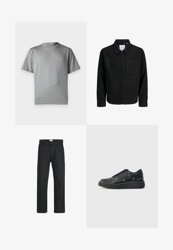 Melna jaka ar rāvējslēdzēju un apkakli, vienu krūšu kabatu, parādīta uz baltas fona.; GAP ORIGINAL - Apdrukāts T-krekls - grey heather; Melnas bikses no izturīga auduma, ar taisna griezuma dizainu, izšūtām akcentiem un divām priekšējām kabatām funkcionālitātei.; Melni ādas kedas ar gludu apdari, apaļu purngalu un kontrastējošu melnu gumijas zoli. Iespējas iespiežamās auklas un zīmols sānos.