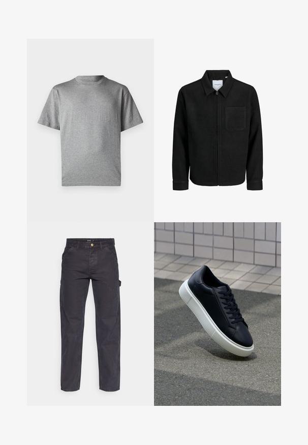 Chaqueta negra con cremallera y cuello, con un solo bolsillo en el pecho, expuesta sobre un fondo blanco.; GAP ORIGINAL - Camiseta estampada - grey heather; Pantalones cargo de color gris oscuro, confeccionados con un tejido duradero, que presentan un corte recto, cinco bolsillos y un cierre de botón en la cintura.; Zapatilla de cuero negro con punta redonda y suela de goma blanca. Presenta cordones planos y un mínimo de costuras en la parte superior. Suela texturizada para proporcionar agarre.