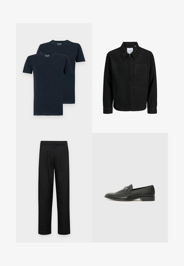 Sort lynlåsjakke med krave og en enkelt brystlomme, vist på hvid baggrund.; To navyblå kortærmede t-shirts lavet af glat bomuld, med rund hals og et enkelt, ensfarvet design.; Sorte bukser lavet af glat stof, med et lige ben-design, to frontfolder og en standard talje med bæltestropper.; Sorte læder loafers med en glat finish, der har et syet design og et dekorativt metal kædeaccent hen over vamps. Flad hæl.