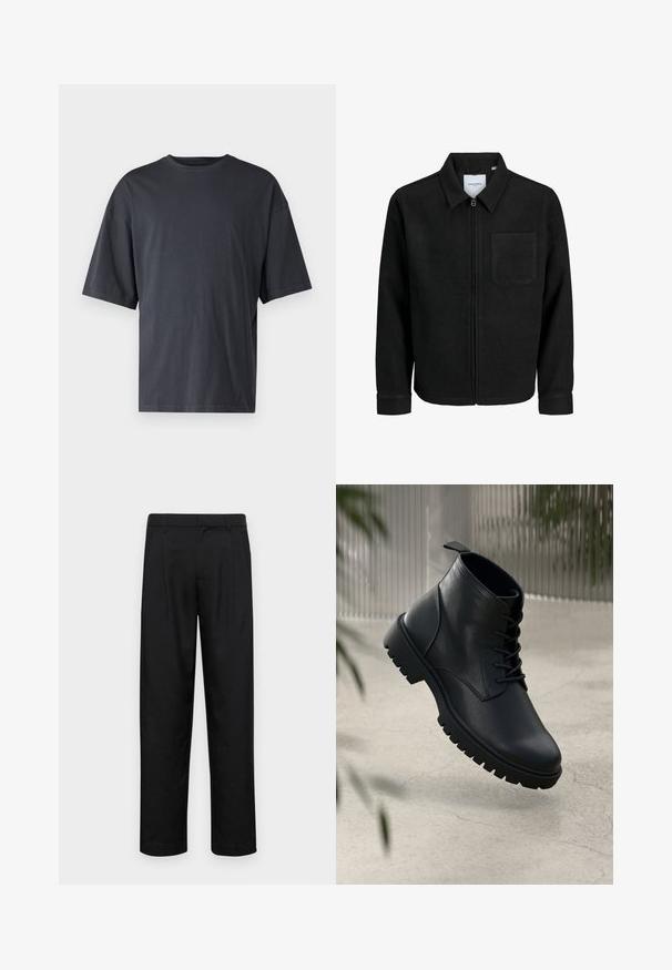 Black zip-up jacket with collar and single chest pocket, displayed on white background.; Dark gray short-sleeve t-shirt made of lightweight cotton, featuring a loose fit and classic crew neckline, with plain texture and no patterns.; Black trousers made of smooth fabric, featuring a straight-leg design, two front pleats, and standard waistband with belt loops.; Black leather ankle boots with a rounded toe, lace-up design, and rugged rubber sole. Smooth texture with a pull tab at the back.