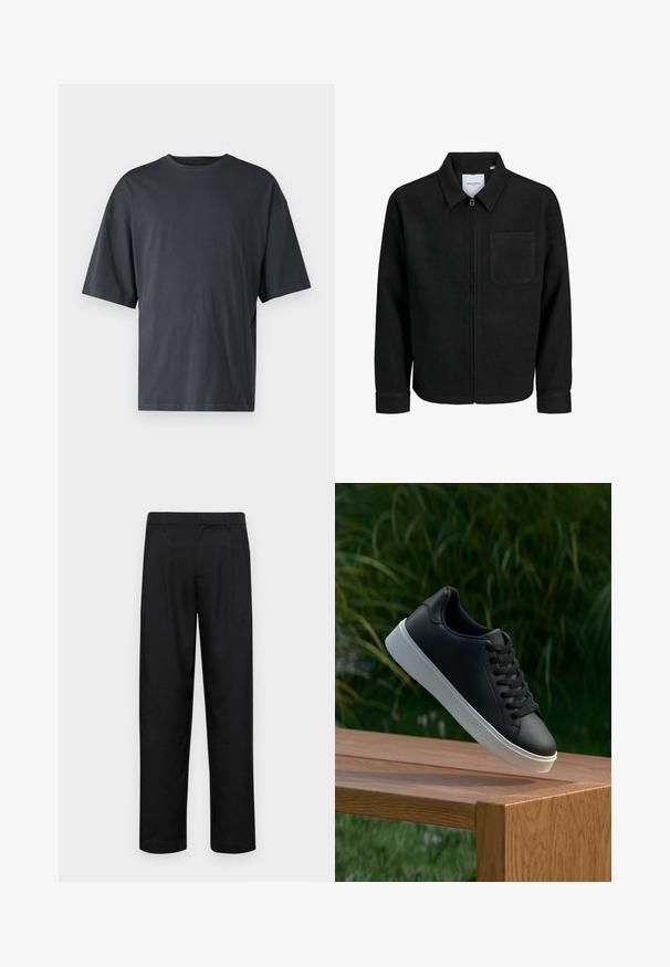 Schwarze Zip-Jacke mit Kragen und einer einzelnen Brusttasche, auf weißem Hintergrund präsentiert.; Dunkelgraues Kurzarm-T-Shirt aus leichtem Baumwollmaterial, mit lockerer Passform und klassischem Rundhalsausschnitt, in einfarbigem Design ohne Muster.; Schwarze Hose aus glattem Stoff, mit geradem Bein Design, zwei vorderen Falten und einem Standardbund mit Gürtelschlaufen.; Schwarze Leder-Sneaker mit glatter Oberfläche, weißer Gummisohle und sechs Ösen für Schnürsenkel, auf einer Holzfläche präsentiert.