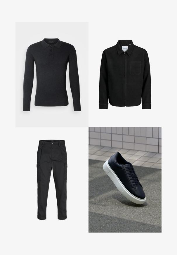 Veste zippée noire avec col et poche poitrine unique, présentée sur fond blanc.; Polo-shirt noir à manches longues en tissu tricoté. Présente un col, une patte de boutonnage à trois boutons, et des poignets côtelés pour un look ajusté.; Pantalons cargo noirs en tissu résistant, dotés de plusieurs poches, d'une fermeture par bouton et d'une coupe slim avec des jambes fuselées.; Baskets noires en cuir avec bout arrondi et semelle en caoutchouc blanc. Elles présentent des lacets plats et une couture minimale sur la tige. Semelle texturée pour une bonne adhérence.
