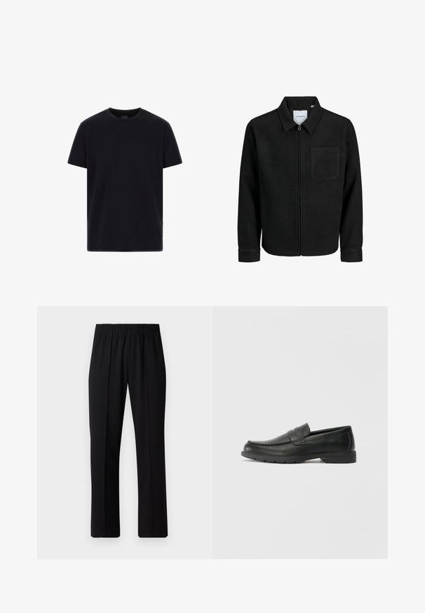 Black zip-up jacket with collar and single chest pocket, displayed on white background.; Black short-sleeve crew neck T-shirt made of smooth fabric, featuring stitching details and a small logo label near the hem.; Black, elastic-waist trousers with a straight-leg design, featuring a smooth texture and no visible patterns or hardware.; Black leather loafers with a smooth finish, moccasin-style upper, stitched detailing, and a rubber sole. Classic design with a low heel.