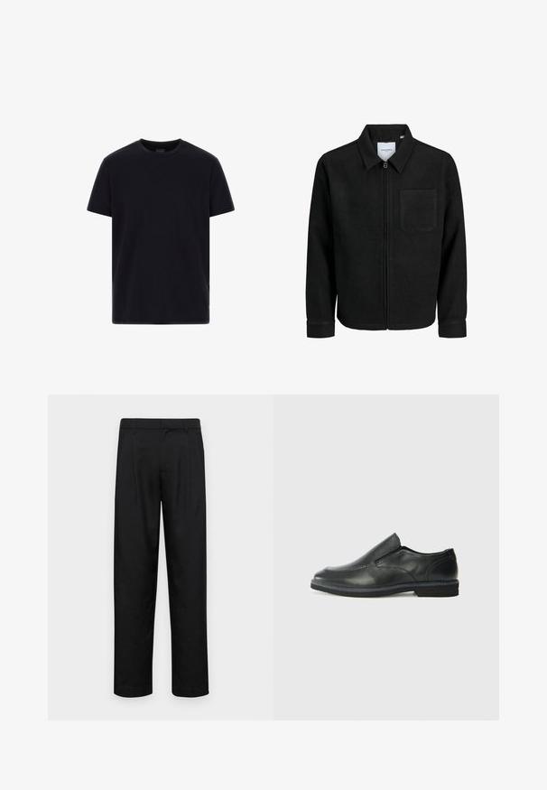 Melna jaka ar rāvējslēdzēju un apkakli, vienu krūšu kabatu, parādīta uz baltas fona.; Melna īsām piedurknēm T-kreklu ar apaļu kakla izgriezumu, izgatavots no gludas auduma, ar šuvju detaļām un mazu logo etiķeti tuvumā apakšmalai.; Melnas bikses, izgatavotas no gludas auduma, ar taisnu kāju dizainu, divām priekšējām krokām un standarta jostu, kurai ir āķi.; Melnas ādas slip-on kurpes ar gludu augšdaļu, izšūtām akcentiem, noapaļotu purngala daļu un zemu gumijas papēdi. Zole ar minimālu rakstu.